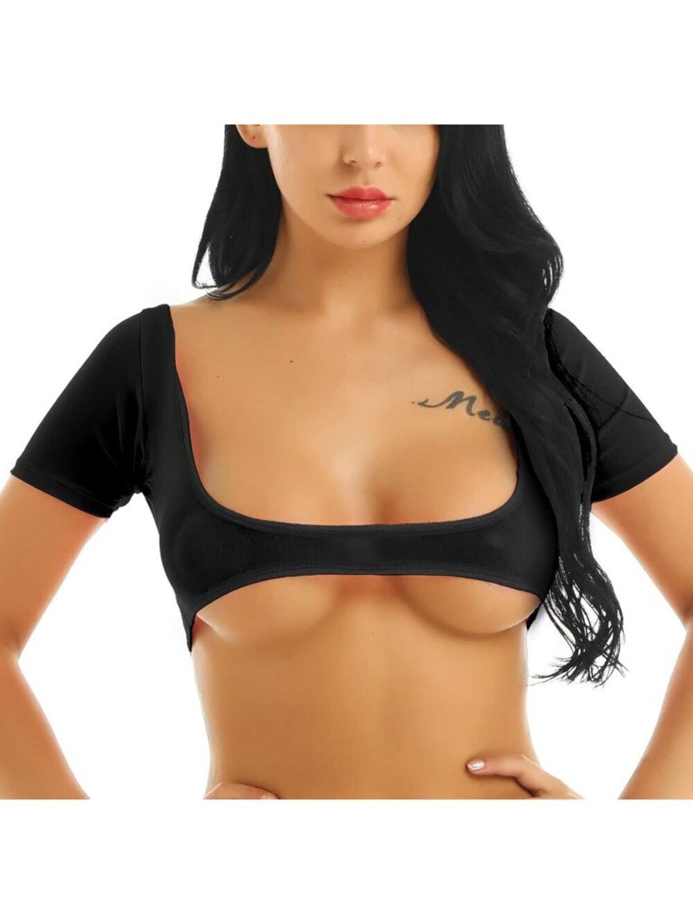 Women's Black Mesh Open Bust Short Sleeve Spandex Belly Dance Crop Top